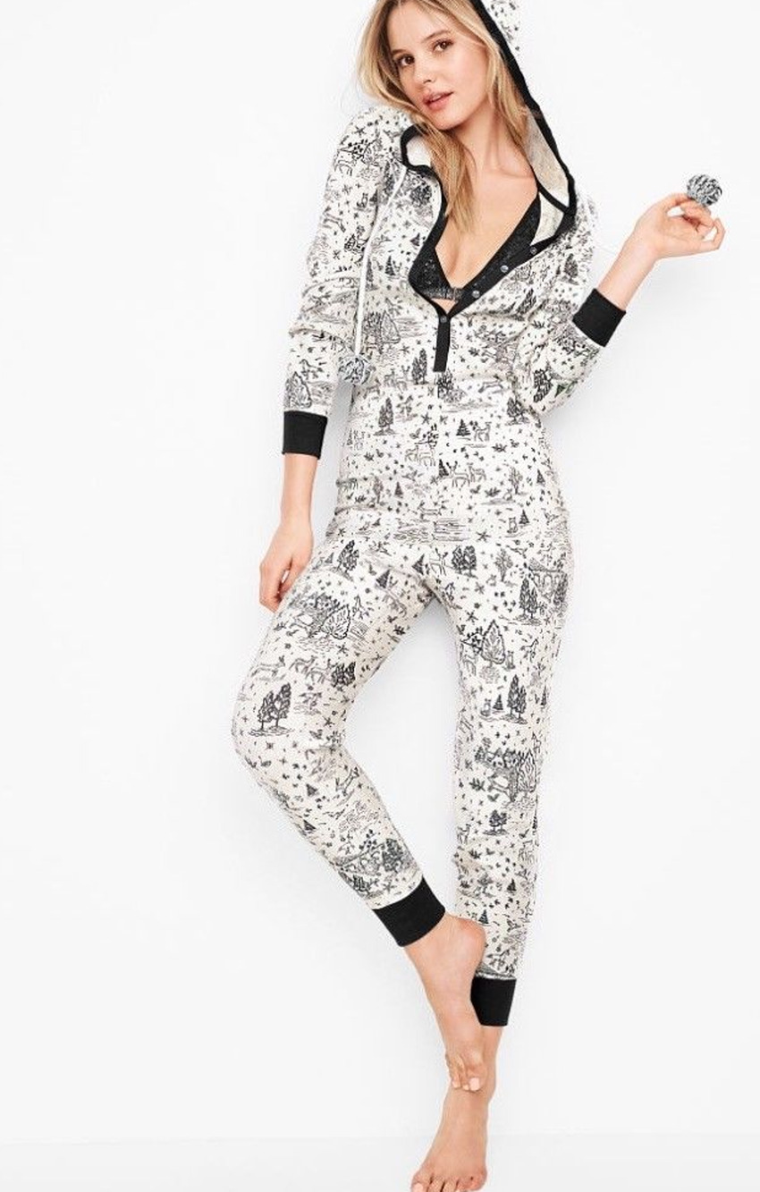 Victoria's Secret Pom Pom Thermal Black Ivory Fairisle One Piece Bodysuit PJ L